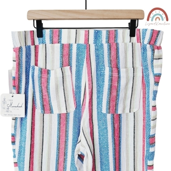 New! Caffe Marrakesh Linen Stripes Pull On Straight Leg Cropped Casual Pants - Picture 4 of 13